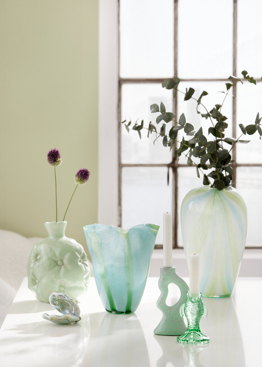 Vase med brede striber, grøn/turkis - H32,5 cm.